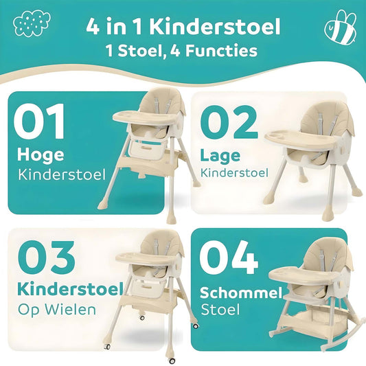 ComfyKidz® FlexiChair Sand: Inklapbare Kinderstoel met Schommelstand, Voetensteun & Wieltjes (Beige)