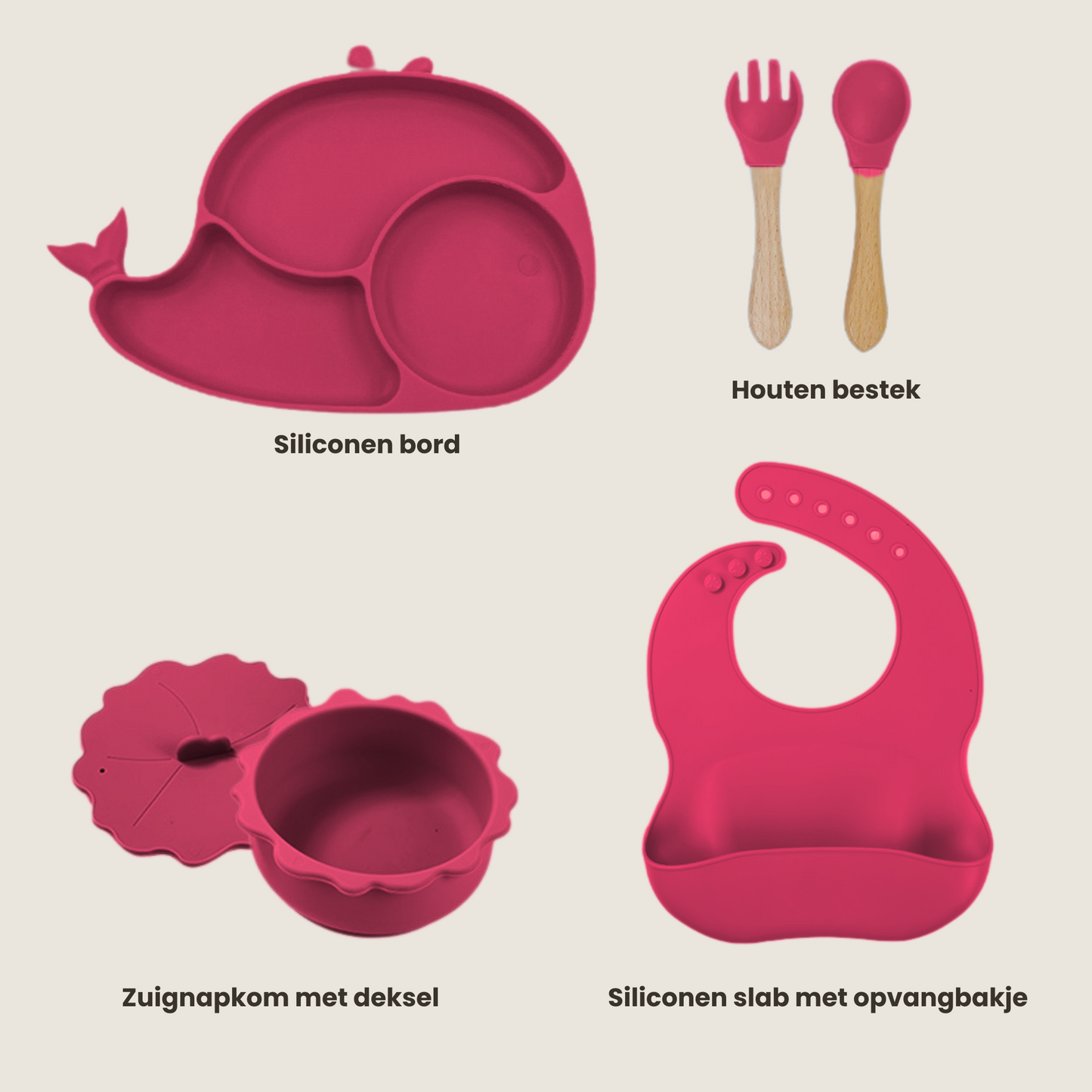 ComfyKidz® Siliconen Baby Servies Set RozeRood
