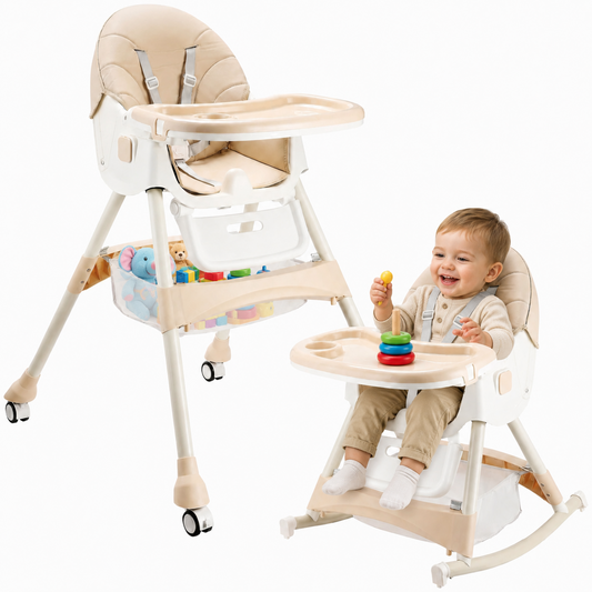 ComfyKidz® FlexiChair Sand: Inklapbare Kinderstoel met Schommelstand, Voetensteun & Wieltjes (Beige)
