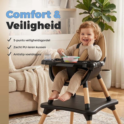 ComfyKidz® 5-in-1 Meegroeistoel | Houten Kinderstoel & Speeltafel Zwart | MultiSeat Mocha
