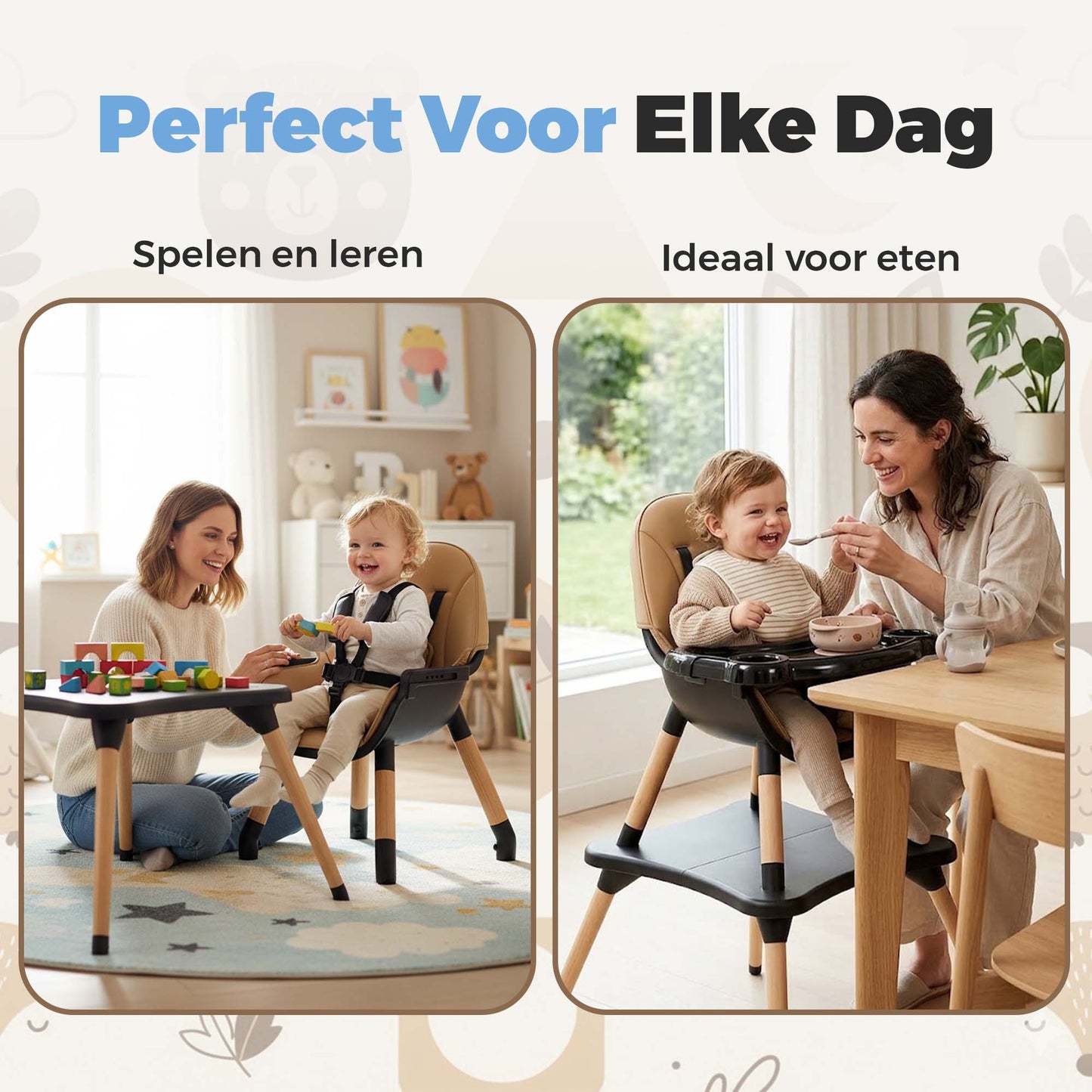ComfyKidz® 5-in-1 Meegroeistoel | Houten Kinderstoel & Speeltafel Zwart | MultiSeat Mocha