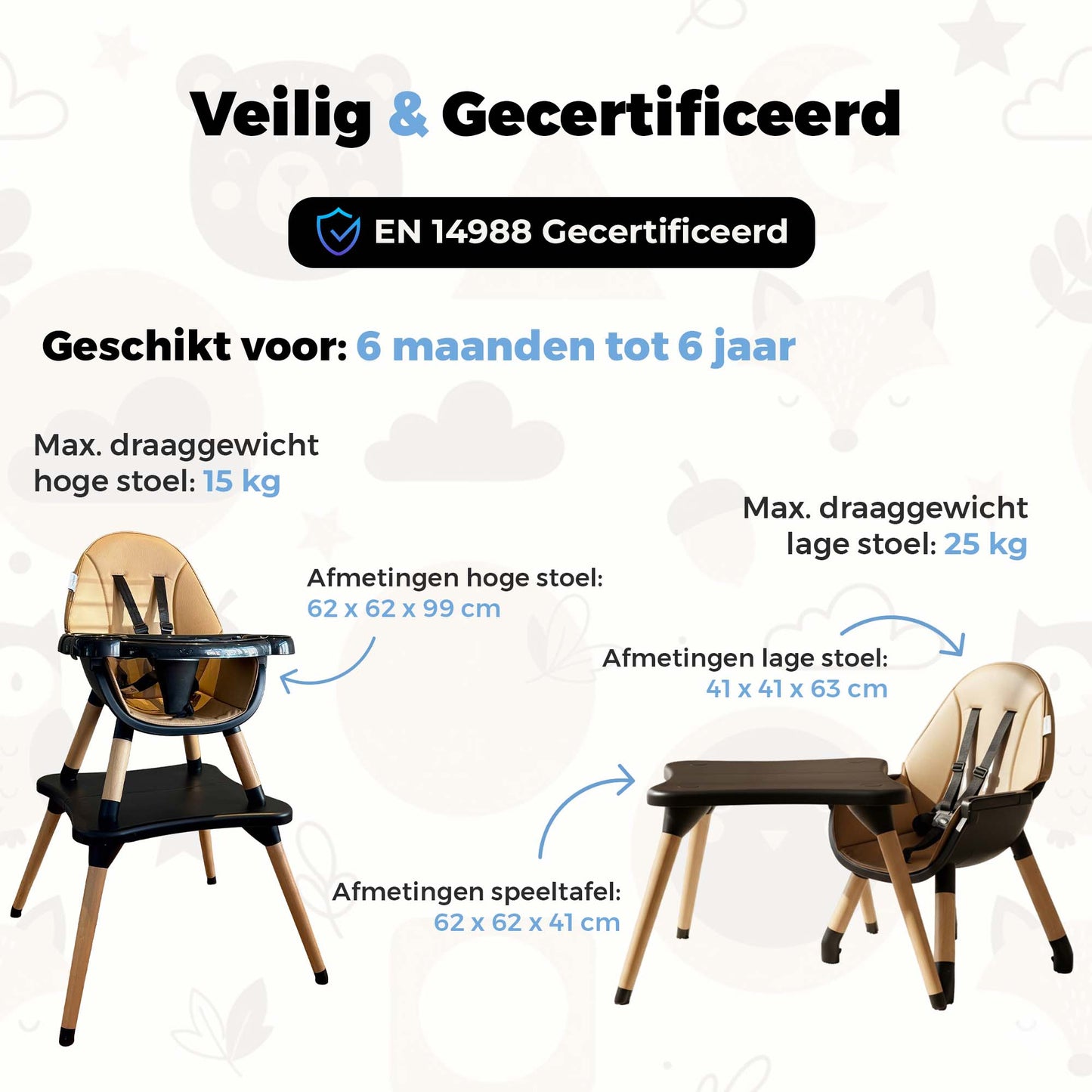 ComfyKidz® 5-in-1 Meegroeistoel | Houten Kinderstoel & Speeltafel Zwart | MultiSeat Mocha
