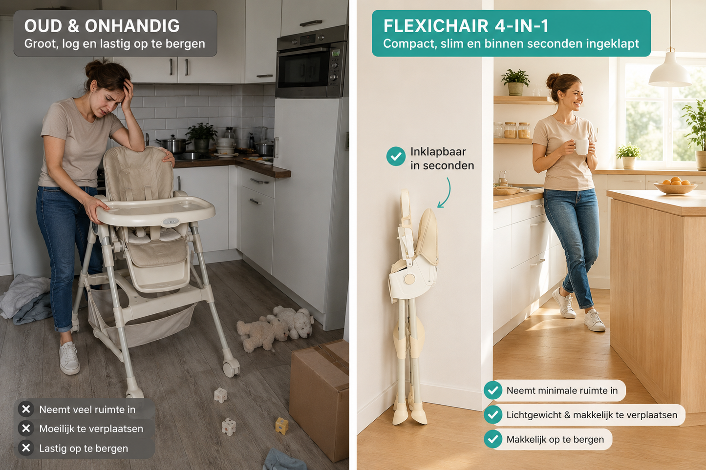 ComfyKidz® FlexiChair Sand: Inklapbare Kinderstoel met Schommelstand, Voetensteun & Wieltjes (Beige)